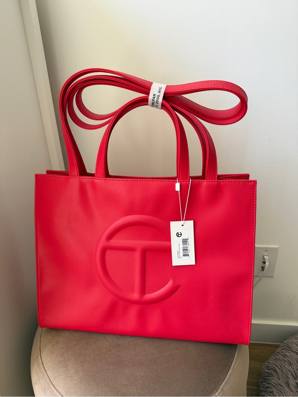 Telfar Bright Red Shopping Tote with Embossed Logo - Picture 4 of 5